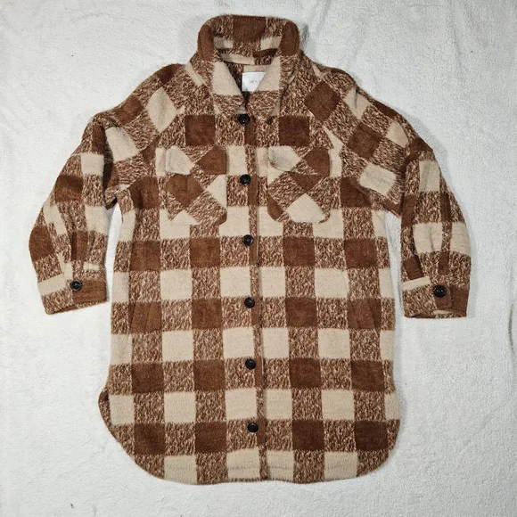 GREYLIN ANTHROPOLOGIE Women’s M Brown Plaid Long Heavyweight Shacket Jacket - Picture 3 of 13